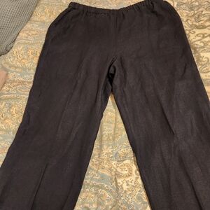 Flax New Black Elastic-Waist Wide Leg Mid-weight Linen Pants (L) FLAW